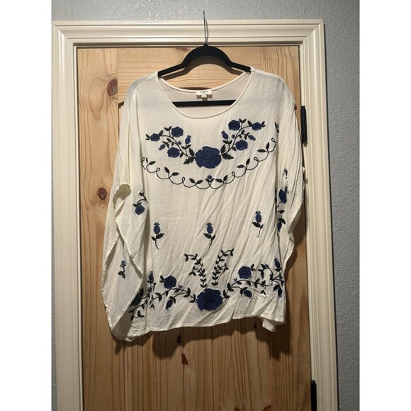 Umgee Top Womens Large Cream Floral Embroidered Gauzy Boho Short Sleeve Flowy - Picture 1 of 3